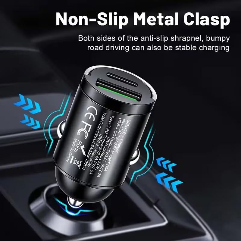 66W Car Fast Charger Dual USB-A USB-C Mini Metal Ring Design Stable Power Protection for Smartphones GPS Tachographs, Black
