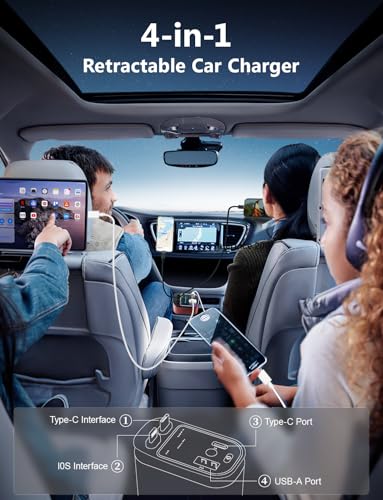 Starlight Retractable Car Charger with Retractable Cables, Starlight in Car Roof 4 in 1 Super Fast USB C Car Phone Charger, 2 USB Ports Starry Sky Adapter, Compatible with iPhone 17 16 15 14 13 12 - color: Orange