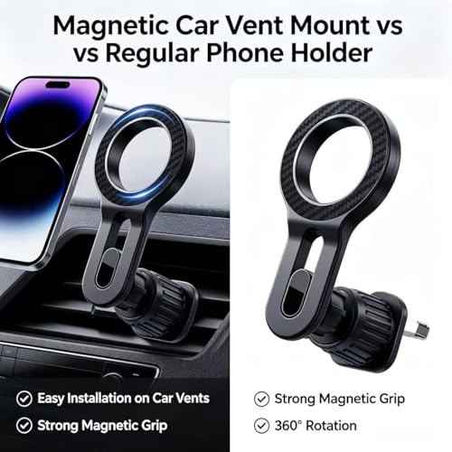Magnetic Car Air Vent Phone Holder, Upgraded Metal Hook 360° Rotatable Universal Car Phone Mount, Strong Magnet Hands Free Smartphone Holder Compatible with All Phones