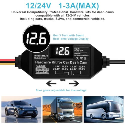 Dash Cam Hardwire Kit USB C, 12V-24V to 5V/3A Adapter Power Cable with Voltage Display, 24/7 Parking Mode, Acc Detection, 4-Level Low Voltage Protection (11.6V/11.9V/12.2V/12.5V)