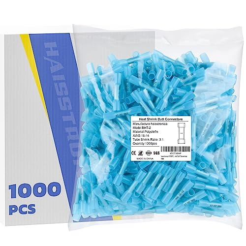 haisstronica 1000PCS Blue Heat Shrink Butt Connectors 16-14 AWG - size: AWG16-14 Blue, style: 1000pcs