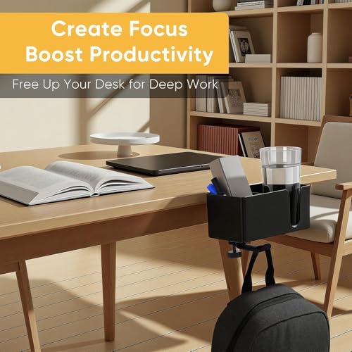 4-in-1 Clip On Desk Cup Holder, Fits up to 40oz cups - Mountable Holder with Adjustable Divider & 360° Rotating Hook - No Spill Clamp On Drink Holder Attachment - for Desk Chair Table Bed Tray - Black - color: Black - 4" W Dual Cup