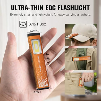 RECHOO Flat EDC Flashlight Rechargeable, 8-Mode Slim Pocket Flashlight with Magnetic Base & Clip, Lightweight Mini Rechargeable Flashlights for Everyday Carry, Working, Camping, Car Repair & Emergency - color: Orange