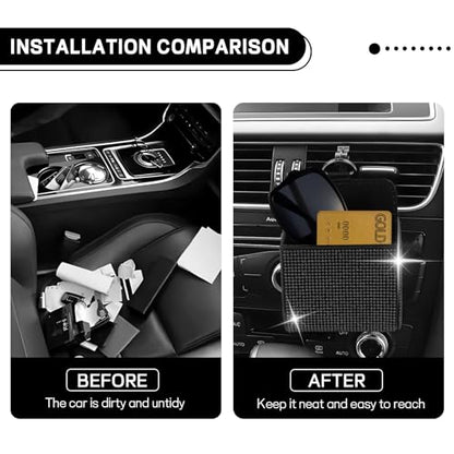 Car Vent Storage Organizer, Rhinestone Car Air Vent Leather Storage Pouch, Bling Automotive Hanging Bag Pocket Case, Universal Auto Mount Cell Phone Sunglasses Coin Holder (Black) - color: Black