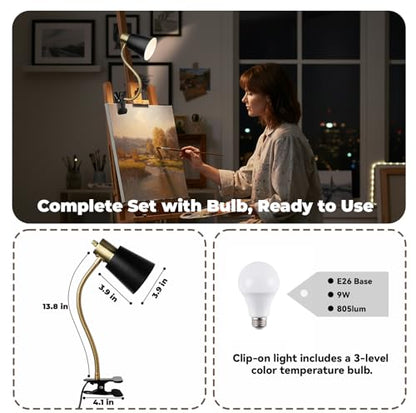 LALISU Desk lamp Eye-Caring Table Lamps 360°Rotation Gooseneck Clip on Lamp - color: Black and Gold