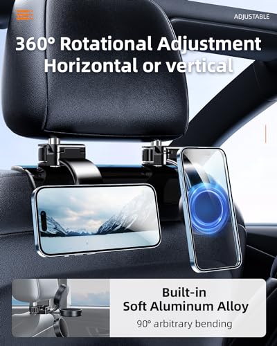 1 Pack Headrest Hook for Car Seat Back with Magnetic Phone Holder, Multifunctional Car Seat Hooks for Purses and Bags Handbag Grocery Bag, Purse Hanger Car Organizers and Storage Accessories
