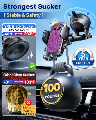 YRU [True Upgrade for Safety] Car Phone Holder Mount [Patent & Military-Grade] Dashboard Cell Phone Holder for Car Vent Windshield Phone Stand for iPhone 17 16 15 14 13 Pro Max Truck Samsung, Purple - color: Purple
