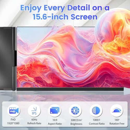 Teamgee 15.6" Laptop Screen Extender, Slim & Lightweight Portable Monitor for Laptop (Fits 13-17"), Full HD IPS, 360° Rotating Stand, USB-C Plug & Play, RGB Lighting, Thin Bezels - size: 15.6"