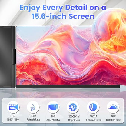 Teamgee 15.6" Laptop Screen Extender, Slim & Lightweight Portable Monitor for Laptop (Fits 13-17"), Full HD IPS, 360° Rotating Stand, USB-C Plug & Play, RGB Lighting, Thin Bezels - size: 15.6"