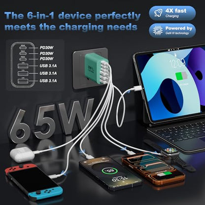 65W USB C Charger Block,6-Port Multi Device Fast Charger PD QC Wall Adapter - color: Green, size: 65w