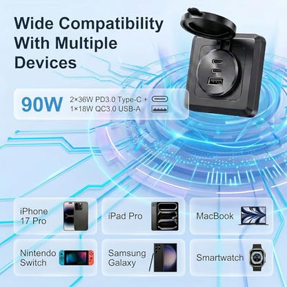 4PCS GIBBAB 90W Waterproof Recessed RV USB Outlet, Aluminum Charger Socket - color: Deep Black, size: 4P