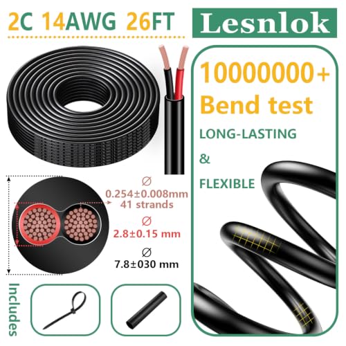 14 Gauge Wire 2 Conductor 14 AWG Electrical Wire Stranded PVC Cord Oxygen-Free Copper Cable 26FT Pure Copper Flexible Cable Wire Cord for LED Lamp Lighting Strips Automotive… (14AWG-2C, 26FT) - size: 26FT, style: 14AWG-2C