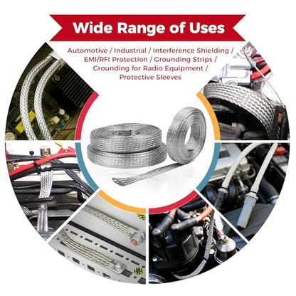 1/2" Wide Tinned Copper Braided Metal Wire Shielding Sleeve Ground Strap Automotive Flat Mesh Flexible Expandable Sheath (12mm ID-42ft) - size: 1/2 in Wide(0.32 in Dia)-42ft