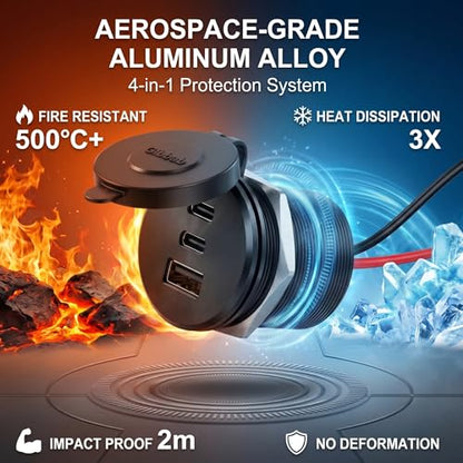 4PCS Aluminum Alloy 12V/24V RV USB Outlet 90W 3 Ports Recessed Mount - color: Deep Black, size: 4P