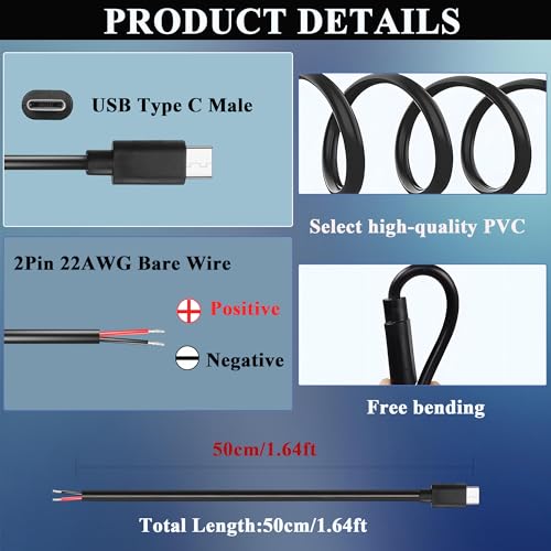 USB Type-C 2 Pin Bare Wire Cable,5V 3A 22AWG USB C Male Plug to 2 Pin Open End Pigtail Extension Power Cable for DIY Equipment Installed Replace Repair-0.5M/1.64FT (4PCS) - style: 0.5M/1.64FT-(4PCS)