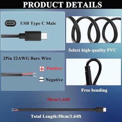 USB Type-C 2 Pin Bare Wire Cable,5V 3A 22AWG USB C Male Plug to 2 Pin Open End Pigtail Extension Power Cable for DIY Equipment Installed Replace Repair-0.5M/1.64FT (4PCS) - style: 0.5M/1.64FT-(4PCS)