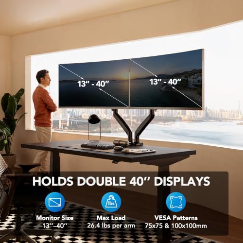 HUANUO Dual Monitor Stand for 13″–40″, Premium Dual Monitor Mount with USB, Height Adjustable Monitor Stand for 2 Monitors, VESA Mount with Clamp/Grommet Base, Holds 26.4lbs per Arm, HNDS7 - size: 13-40 Inch