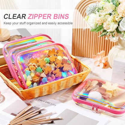 Hoolerry 4 Pcs Hard Clear Zipper Case,Clear,9.8 X 7.9 X 2 In,Pink Laser - color: Pink Laser, size: 9.8 x 7.9 x 2 in