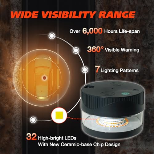 Magnetic Beacon Light, USB-C Rechargeable Wireless Strobe Lights for Truck, 32 LED Amber Battery Operated Flashing Warning Emergency Safety Light for Vehicle Plow Snow Small Portable Roadside