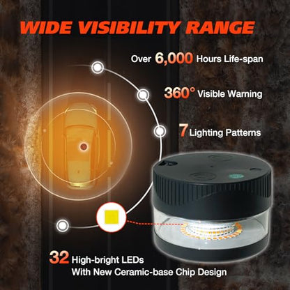 Magnetic Beacon Light, USB-C Rechargeable Wireless Strobe Lights for Truck, 32 LED Amber Battery Operated Flashing Warning Emergency Safety Light for Vehicle Plow Snow Small Portable Roadside