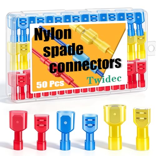 Twidec/50PCS Nylon Spade Connectors Kit 22-10 Gauge Male and Female Wire Spade Terminal Quick Disconnect Fully Insulated Wire Crimp Connector for Automotive Marine - color: 50PCS