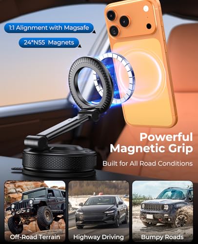 Car Phone Mount for Your Car, Magnetic Phone Holder for Car with Extendable Arm, Foldable Dashboard Phone Mount Designed for Larger Phones Compatible with iPhone 17/16/15/14/13/12