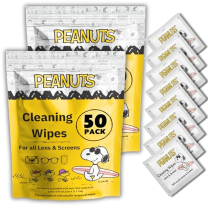 Snoopy Lens Wipes for Eyeglasses (2 Pack of 50) Disposable Eye Glasses Cleaner Wipes - Pre-Moistened Cleaner for Phone Screen, Camera & More - Scratch-Free & Streak-Free 6 x 5 Individually Wrapped - size: 50 Pack (Pack of 2)