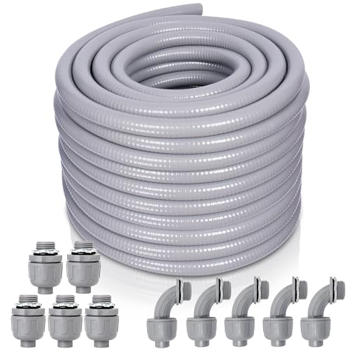 Liquid-Tight Conduit and Connector Kit - 1/2 Inch 75 FT Non Metallic Liquid Tight Electrical Conduit with 5 Straight and 5 Angle Fittings - size: 1/2inch 75 Ft