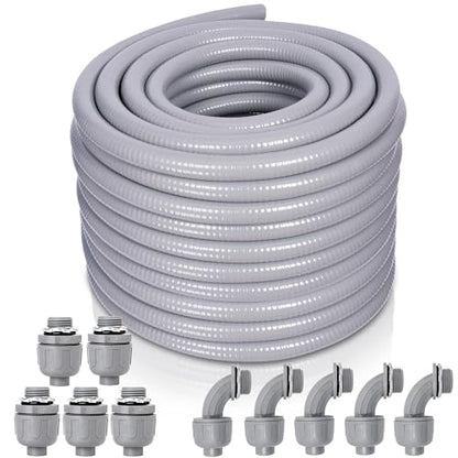 Liquid-Tight Conduit and Connector Kit - 1/2 Inch 75 FT Non Metallic Liquid Tight Electrical Conduit with 5 Straight and 5 Angle Fittings - size: 1/2inch 75 Ft
