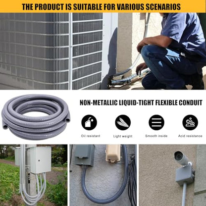 3/4 inch 150 Foot Liquid-Tight Conduit and Connector Kit, Flexible Non Metallic Electrical Conduit, With 10 Straight and 10 Angle Fittings and Pipe Strap - size: 3/4inch 150Ft