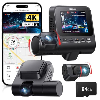 Jzones 4K 3-Channel Dash Cam Front and Rear with Cabin, STARVIS 2 Sensor, Dash Camera for Cars with WiFi 6, G-Sensor, Loop Recording, Night Vision, 24H Parking Mode, 64GB Card Included