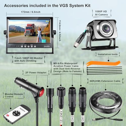VGS AI Backup Camera System, 1080P HD Starlight Night Vision, Auto Detect Pedestrians, Vehicles & Pedestrian-Vehicle Combo, 7" Auto-Dimming Monitor, IP69K Waterproof for Trucks & RVs