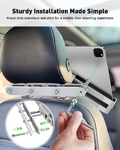 AboveTEK Tablet Holder for Car Headrest- Anti-Theft iPad Car Holder Back Seat, Secure Locking System with 360° Swivel, Universal for 4-11" Tablets, Durable Aluminum Mount for Travel & Business, Silver - color: Silver
