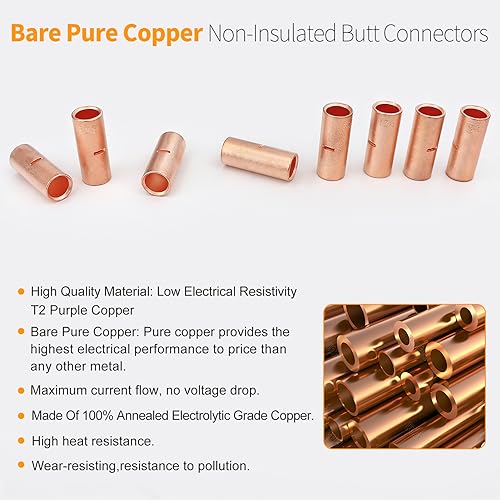 SVAAR 6 PCS 0000 Gauge Non Insulated Butt Connectors 4/0 AWG Uninsulated Butt Splice Connectors Crimp Repair Butt Splices Kit Bare Pure Copper Seamless Barrel Splice Terminals & 6 PCS 3:1 Heat Shrinks