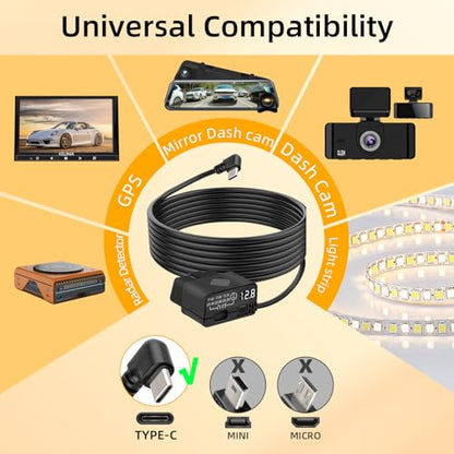 GELRHONR OBD Hardwire Kit, OBD2 to Right Angle USB C Power Adapter Cable for Dash Camera with LED Display and Low Voltage Protection, 12-30V to 5V/3A 24 Hours Surveillance and Acc 2 Mode,11.5FT