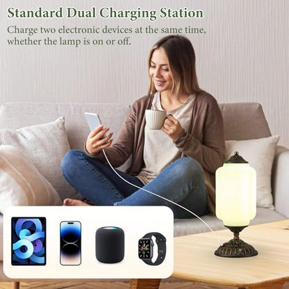 Green Milk Glass Touch Table Lamps Set of 2 - USB C+A Charging Ports - color: Green-2Pack