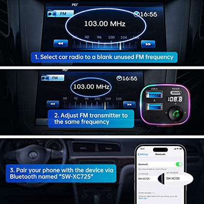 SYNCWIRE Bluetooth 5.3 FM Transmitter Car Adapter 38W [Light Switch] [HiFi Bass Sound] [Fast Charging] Wireless Radio Music Adapter LED Display Hands-Free Calling Support USB Drive - color: Black, style: 38W