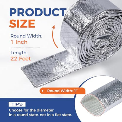 Automotive Aluminum Heat Shield Sleeve Wrap Wire Up to 485 °F, Cable Heat Shield Fire Sleeve Heat Resistance Silver Inner Diameter (1"-22ft) - size: 1"-22ft