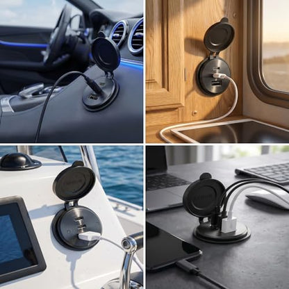 4PCS Aluminum Alloy 12V/24V RV USB Outlet 90W 3 Ports Recessed Mount - color: Deep Black, size: 4P