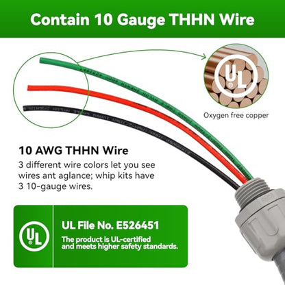 Power Whip Assembly Kit -1/2" x 6ft Non-Metallic Liquid Tight with 10 Gauge Wire Electrical AC Whip Kit Flexible Electrical Conduit & straight/90°Fittings