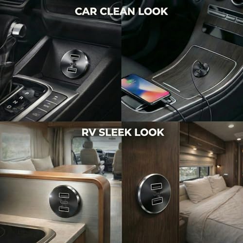 RV USB Outlet 72W All-Aluminum 12V/24V 3 Ports Recessed Mount - color: Deep Black, size: 1P