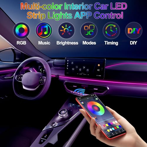 YUGUANG 5 in 1 Interior Car Lights Strip, Multicolor APP Control Music Sync RGB LED Car Ambient Lighting Kit with 236 inches Fiber Optic Cables