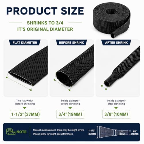 2:1 Heat Shrink Braided Sleeve 3/4 inch 20FT, Automotive Wear-Resistant Fabric Flat Woven Tubing, Flexible Abrasion Protection Sleeving for Wiring Harness, Cable Sheath, Wires & Hoses Protection - size: 20mm-3/4" I.D x 20FT