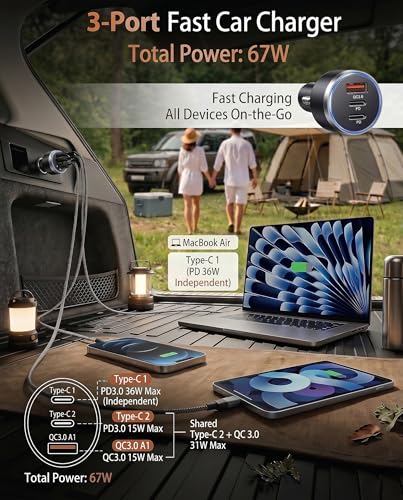 67W USB C Car Charger, 3-Port Fast Car Charger Adapter with PD 36W Independent + PD 30W Shared + QC3.0 18W, Compact Cigarette Lighter USB Charger for iPhone 17/17 pro/16, Samsung, iPad, Tablet, Switch