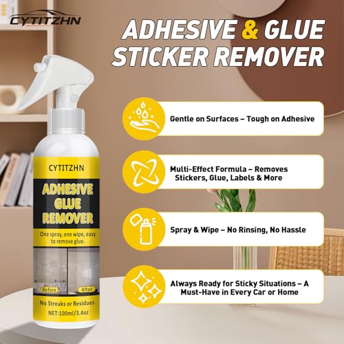 Adhesive Remover - Powerful Sticker & Glue Remover Spray for Cars, Removes Labels, Stickers, Decals, Tape Residue from Car Glass, Paint & Windows with Scraper, Razor Blades, and Towel - 3.4oz/100ml