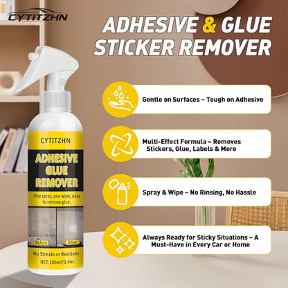 Adhesive Remover - Powerful Sticker & Glue Remover Spray for Cars, Removes Labels, Stickers, Decals, Tape Residue from Car Glass, Paint & Windows with Scraper, Razor Blades, and Towel - 3.4oz/100ml