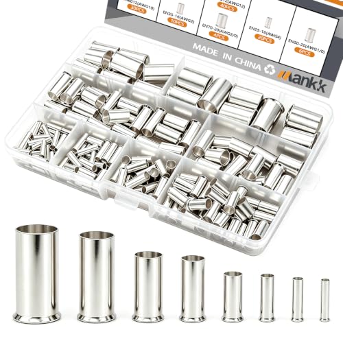 mankk 170PCS Silver Plated Copper Wire Ferrules Kit 8 Sizes AWG (1/0 2/0 2 4 6 8 10 12) Crimp Terminal Connector Sleeves Insulated Cord Pin End Terminal for Wiring Automotive Home Repair - size: 170PCS