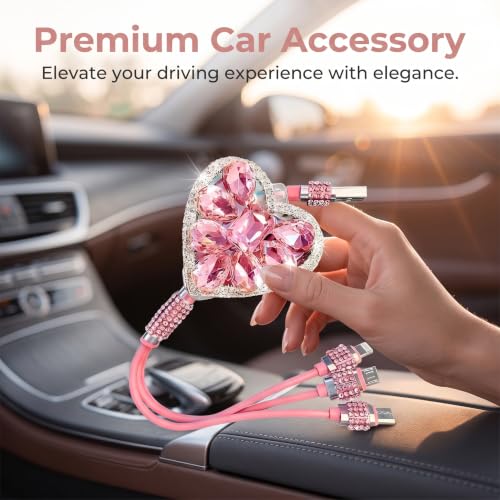 Car 3 in 1 Multi Charging Cable, Stylish Heart-shaped Diamond-studded Retractable Cable for Women/Girls, USB Multi-port Connector, Universal Car Interior Accessories (Pink)