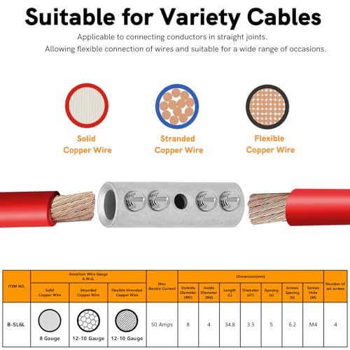 12-10 Gauge Wire Butt Connectors 10 PCS Tinned Brass Mechanical Butt Splice Connectors Kit 12-10 AWG Mechanical Repair Splice Kit Splice Screw Sleeves 10 PCS Mechanical Splices & 3:1 Heat Shrinks - color: Tinned Brass