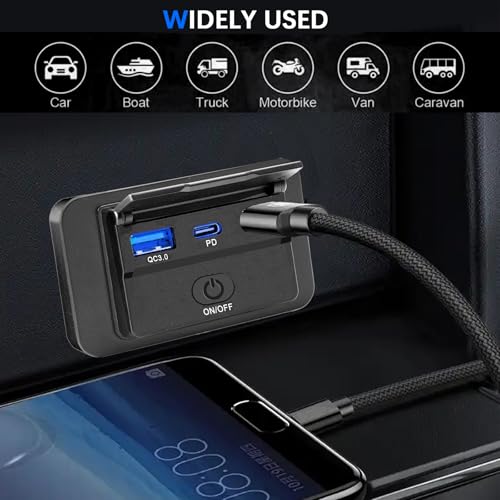 2PCS 72W 12V USB Outlet Wall Mount,36W USB C&Dual QC 3.0 18W Car USB Port Charger Socket Panel with Button Switch,Waterproof 3 USB Multi Port Power Outlet 12V for Car Bus RV Truck Marine